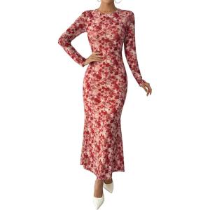 imageBTFBM Wedding Guest Dresses for Women Fall Fashion 2025 Bodycon Long Sleeve Boho Mesh Party Cocktail Floral Maxi DressApricot Red Flower