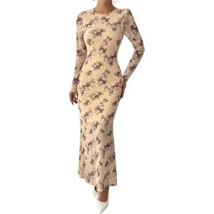 imageBTFBM Wedding Guest Dresses for Women Fall Fashion 2025 Bodycon Long Sleeve Boho Mesh Party Cocktail Floral Maxi DressBeige