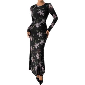 imageBTFBM Wedding Guest Dresses for Women Fall Fashion 2025 Bodycon Long Sleeve Boho Mesh Party Cocktail Floral Maxi DressBlack Pink