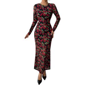 imageBTFBM Wedding Guest Dresses for Women Fall Fashion 2025 Bodycon Long Sleeve Boho Mesh Party Cocktail Floral Maxi DressBlack Red Flower