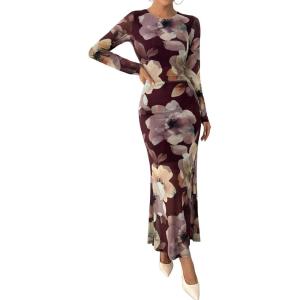 imageBTFBM Wedding Guest Dresses for Women Fall Fashion 2025 Bodycon Long Sleeve Boho Mesh Party Cocktail Floral Maxi DressBurgundy
