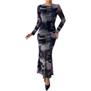 imageBTFBM Wedding Guest Dresses for Women Fall Fashion 2025 Bodycon Long Sleeve Boho Mesh Party Cocktail Floral Maxi DressNavy