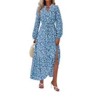 imageBTFBM Women Boho Maxi Dress Fall Fashion 2025 Floral Long Sleeve V Neck Button Pockets Flowy Vacation Wedding DressesBlue