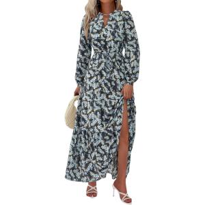 imageBTFBM Women Boho Maxi Dress Fall Fashion 2025 Floral Long Sleeve V Neck Button Pockets Flowy Vacation Wedding DressesFloral Blue Yellow