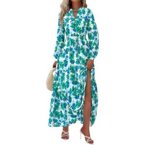 imageBTFBM Women Boho Maxi Dress Fall Fashion 2025 Floral Long Sleeve V Neck Button Pockets Flowy Vacation Wedding DressesFloral Green