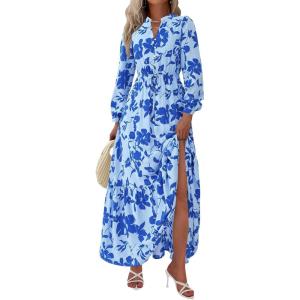 imageBTFBM Women Boho Maxi Dress Fall Fashion 2025 Floral Long Sleeve V Neck Button Pockets Flowy Vacation Wedding DressesFloral Light Blue Blue