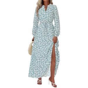 imageBTFBM Women Boho Maxi Dress Fall Fashion 2025 Floral Long Sleeve V Neck Button Pockets Flowy Vacation Wedding DressesFloral White Green