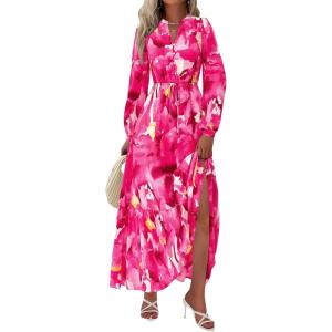 imageBTFBM Women Boho Maxi Dress Fall Fashion 2025 Floral Long Sleeve V Neck Button Pockets Flowy Vacation Wedding DressesWatercolour Rose Pink