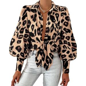 imageBTFBM Women Fashion Button Down Shirts V Neck Printed Solid Boho Long Sleeve Blouses Dressy Casual Summer Fall TopsLeopard Print