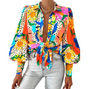imageBTFBM Women Fashion Button Down Shirts V Neck Printed Solid Boho Long Sleeve Blouses Dressy Casual Summer Fall TopsMulti Orange
