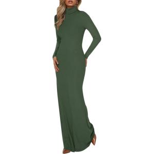 imageBTFBM Womens Dresses Fall 2025 Long Sleeve Turtle Neck Trendy Long Tight Knit Maxi Dress Wedding Guest Party CasualArmy Green
