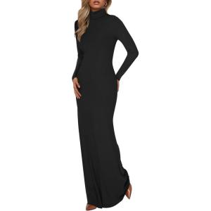 imageBTFBM Womens Dresses Fall 2025 Long Sleeve Turtle Neck Trendy Long Tight Knit Maxi Dress Wedding Guest Party CasualBlack