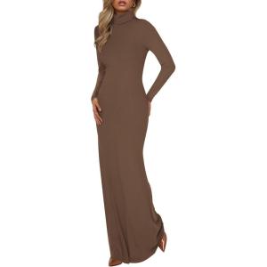 imageBTFBM Womens Dresses Fall 2025 Long Sleeve Turtle Neck Trendy Long Tight Knit Maxi Dress Wedding Guest Party CasualBrown
