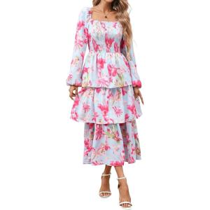 imageBTFBM Womens Fall Boho Floral Maxi Dresses 2025 Casual Long Sleeve Square Neck Flowy Tiered Ruffle Wedding Guest DressFloral Light Blue Pink
