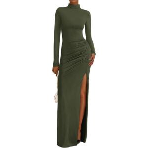 imageBTFBM Womens Formal Dresses 2025 Fall Long Sleeve Mock Neck Ruched Bodycon Slit Maxi Wedding Guest Cocktail DressArmy Green