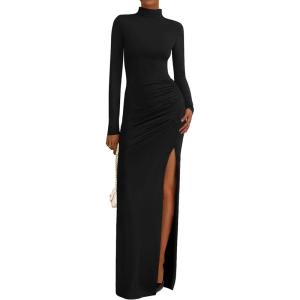 imageBTFBM Womens Formal Dresses 2025 Fall Long Sleeve Mock Neck Ruched Bodycon Slit Maxi Wedding Guest Cocktail DressBlack