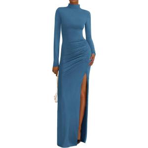 imageBTFBM Womens Formal Dresses 2025 Fall Long Sleeve Mock Neck Ruched Bodycon Slit Maxi Wedding Guest Cocktail DressBlue
