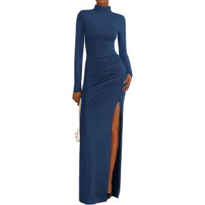 imageBTFBM Womens Formal Dresses 2025 Fall Long Sleeve Mock Neck Ruched Bodycon Slit Maxi Wedding Guest Cocktail DressDark Blue