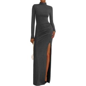 imageBTFBM Womens Formal Dresses 2025 Fall Long Sleeve Mock Neck Ruched Bodycon Slit Maxi Wedding Guest Cocktail DressDark Grey