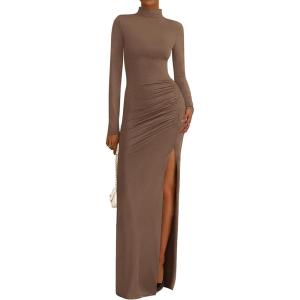 imageBTFBM Womens Formal Dresses 2025 Fall Long Sleeve Mock Neck Ruched Bodycon Slit Maxi Wedding Guest Cocktail DressKhaki