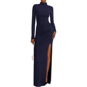 imageBTFBM Womens Formal Dresses 2025 Fall Long Sleeve Mock Neck Ruched Bodycon Slit Maxi Wedding Guest Cocktail DressNavy Blue