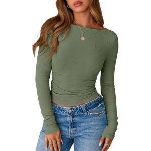 imageBTFBM Womens Long Sleeve Tops Fall Fashion 2025 Ribbed Slim Fit Y2K Boat Neck T Shirts Casual Going Out Workout OutfitsArmy Green
