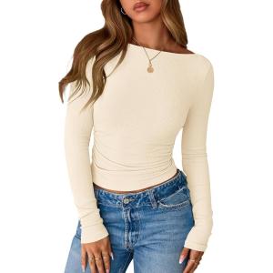 imageBTFBM Womens Long Sleeve Tops Fall Fashion 2025 Ribbed Slim Fit Y2K Boat Neck T Shirts Casual Going Out Workout OutfitsBeige