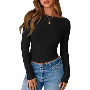 imageBTFBM Womens Long Sleeve Tops Fall Fashion 2025 Ribbed Slim Fit Y2K Boat Neck T Shirts Casual Going Out Workout OutfitsBlack