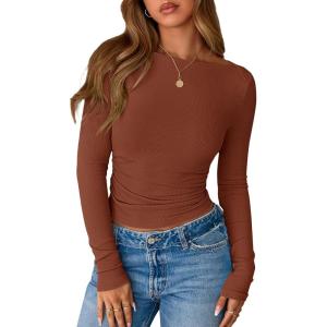 imageBTFBM Womens Long Sleeve Tops Fall Fashion 2025 Ribbed Slim Fit Y2K Boat Neck T Shirts Casual Going Out Workout OutfitsBrown