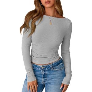 imageBTFBM Womens Long Sleeve Tops Fall Fashion 2025 Ribbed Slim Fit Y2K Boat Neck T Shirts Casual Going Out Workout OutfitsGrey