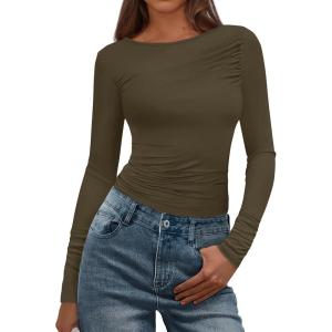 imageBTFBM Womens Tops Dressy Casual Workout Outfits Fall 2025 Long Sleeve Shirts Boat Neck Ruched Bodycon Going Out TopArmy Green