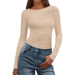 imageBTFBM Womens Tops Dressy Casual Workout Outfits Fall 2025 Long Sleeve Shirts Boat Neck Ruched Bodycon Going Out TopBeige