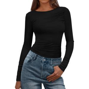 imageBTFBM Womens Tops Dressy Casual Workout Outfits Fall 2025 Long Sleeve Shirts Boat Neck Ruched Bodycon Going Out TopBlack