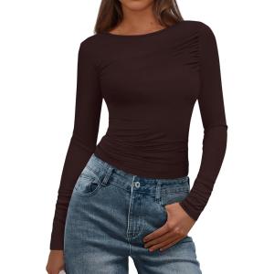 imageBTFBM Womens Tops Dressy Casual Workout Outfits Fall 2025 Long Sleeve Shirts Boat Neck Ruched Bodycon Going Out TopBrown