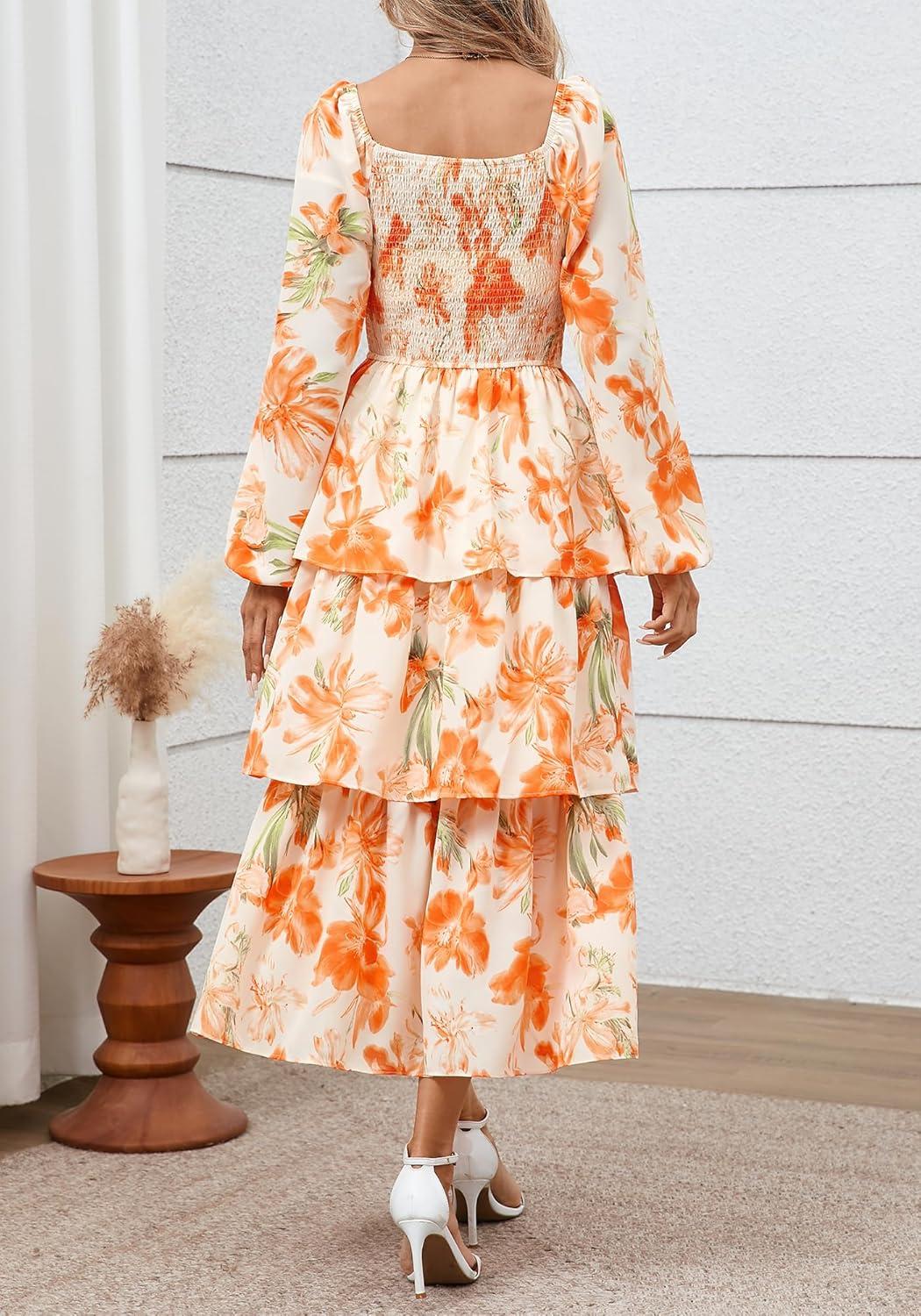 imageBTFBM Women Floral Maxi Dress Fall Fashion 2025 Boho Long Sleeve Square Neck Smocked Tiered Ruffle Flowy Wedding DressesFloral Apricot Orange