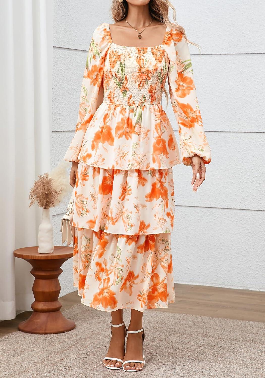 imageBTFBM Women Floral Maxi Dress Fall Fashion 2025 Boho Long Sleeve Square Neck Smocked Tiered Ruffle Flowy Wedding DressesFloral Apricot Orange