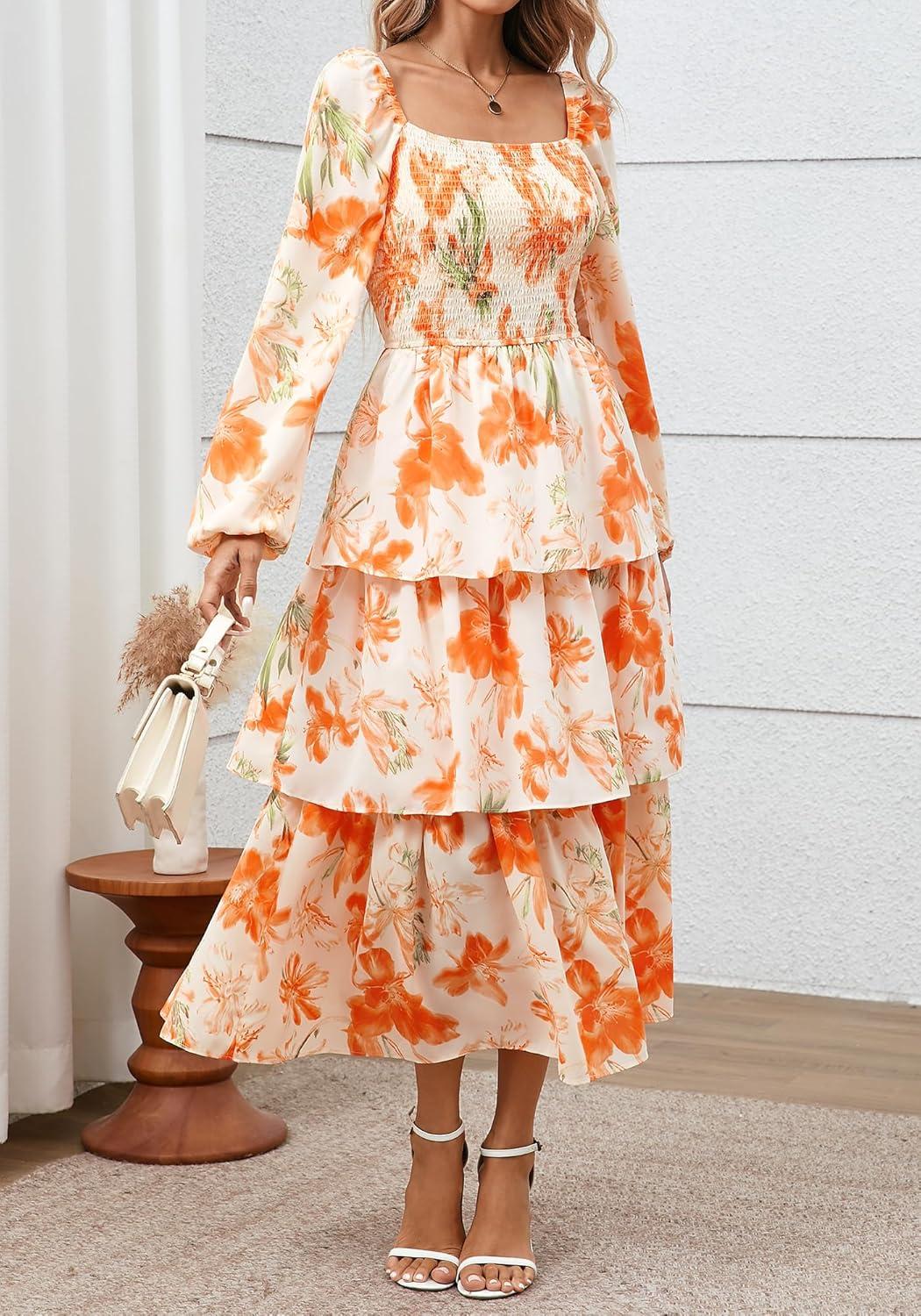 imageBTFBM Women Floral Maxi Dress Fall Fashion 2025 Boho Long Sleeve Square Neck Smocked Tiered Ruffle Flowy Wedding DressesFloral Apricot Orange