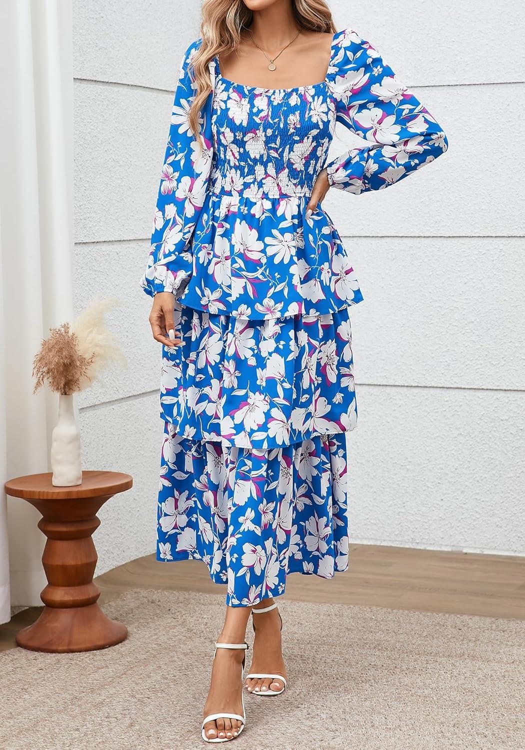 imageBTFBM Women Floral Maxi Dress Fall Fashion 2025 Boho Long Sleeve Square Neck Smocked Tiered Ruffle Flowy Wedding DressesFloral Blue White