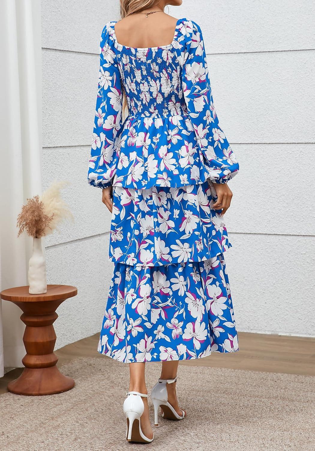 imageBTFBM Women Floral Maxi Dress Fall Fashion 2025 Boho Long Sleeve Square Neck Smocked Tiered Ruffle Flowy Wedding DressesFloral Blue White