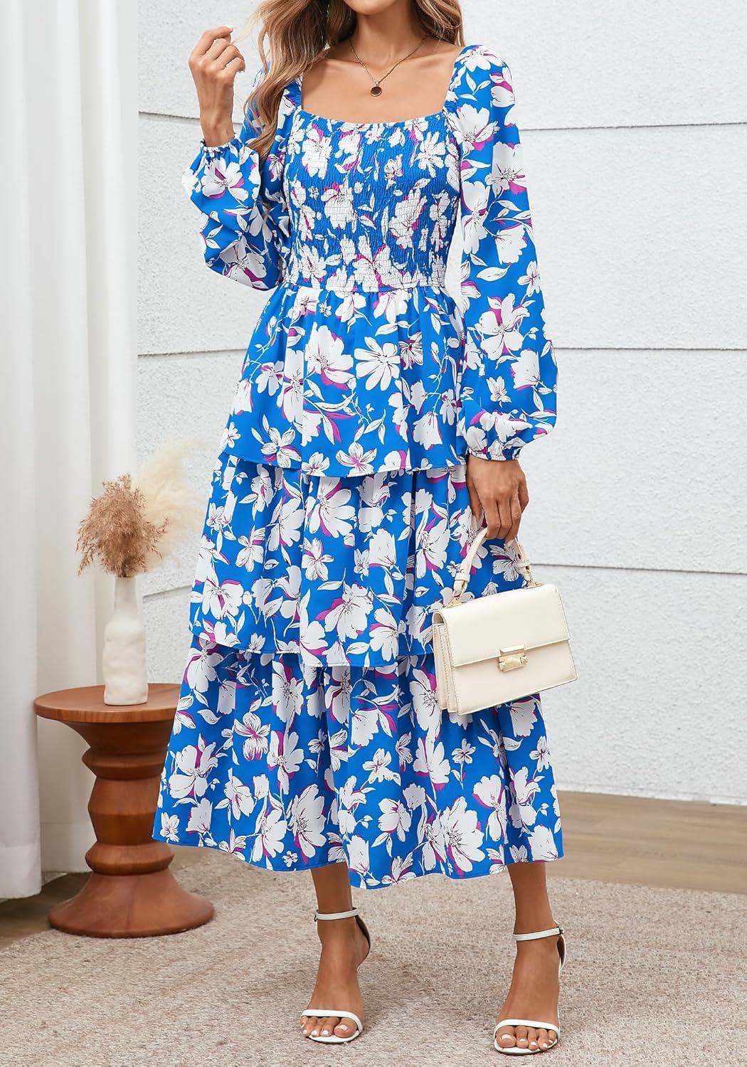 imageBTFBM Women Floral Maxi Dress Fall Fashion 2025 Boho Long Sleeve Square Neck Smocked Tiered Ruffle Flowy Wedding DressesFloral Blue White