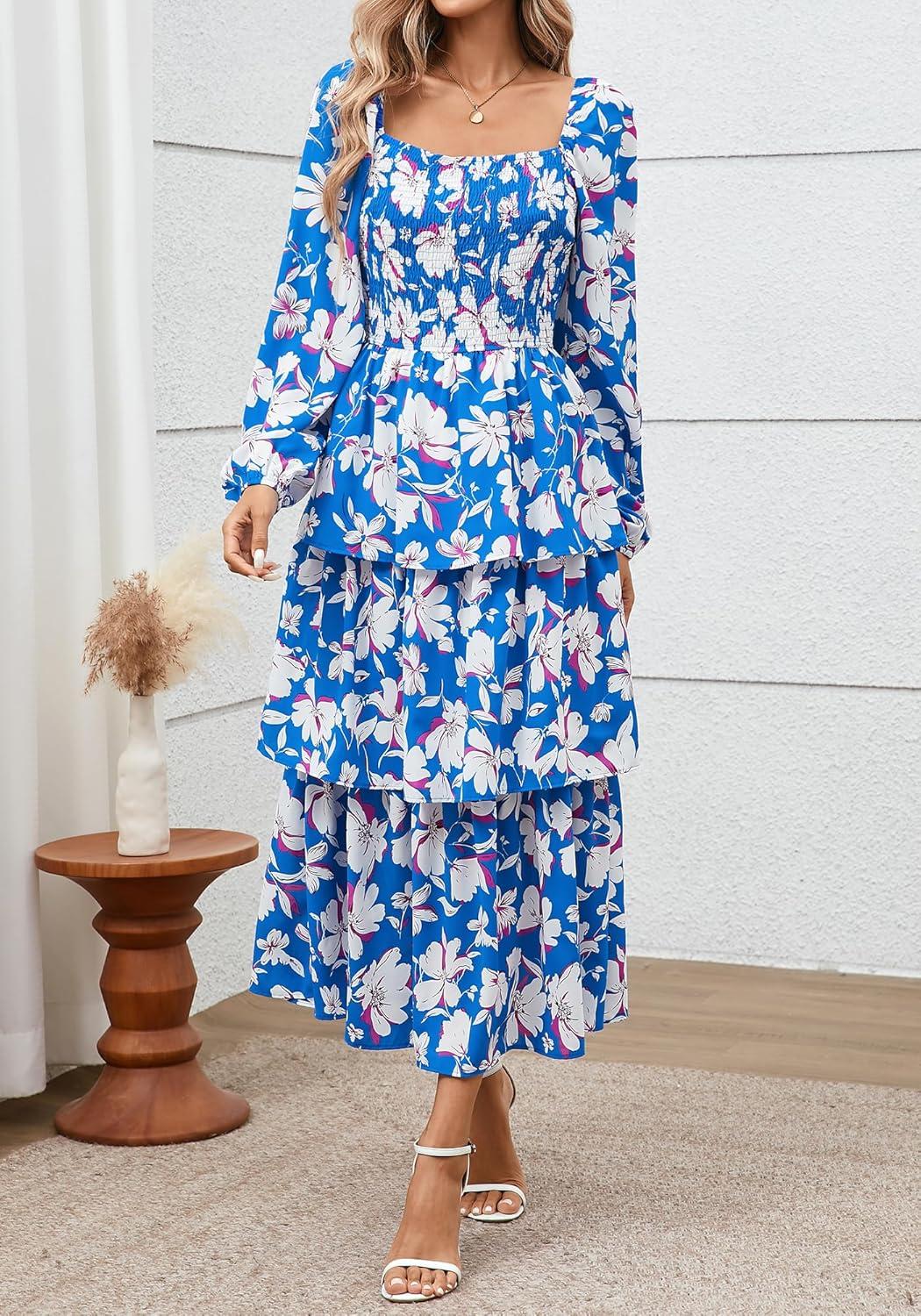 imageBTFBM Women Floral Maxi Dress Fall Fashion 2025 Boho Long Sleeve Square Neck Smocked Tiered Ruffle Flowy Wedding DressesFloral Blue White