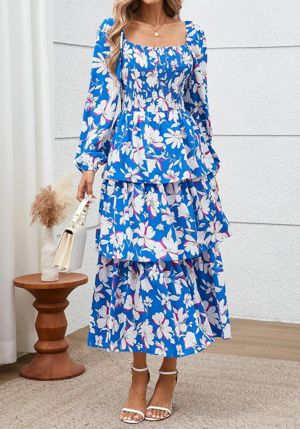 imageBTFBM Women Floral Maxi Dress Fall Fashion 2025 Boho Long Sleeve Square Neck Smocked Tiered Ruffle Flowy Wedding DressesFloral Blue White