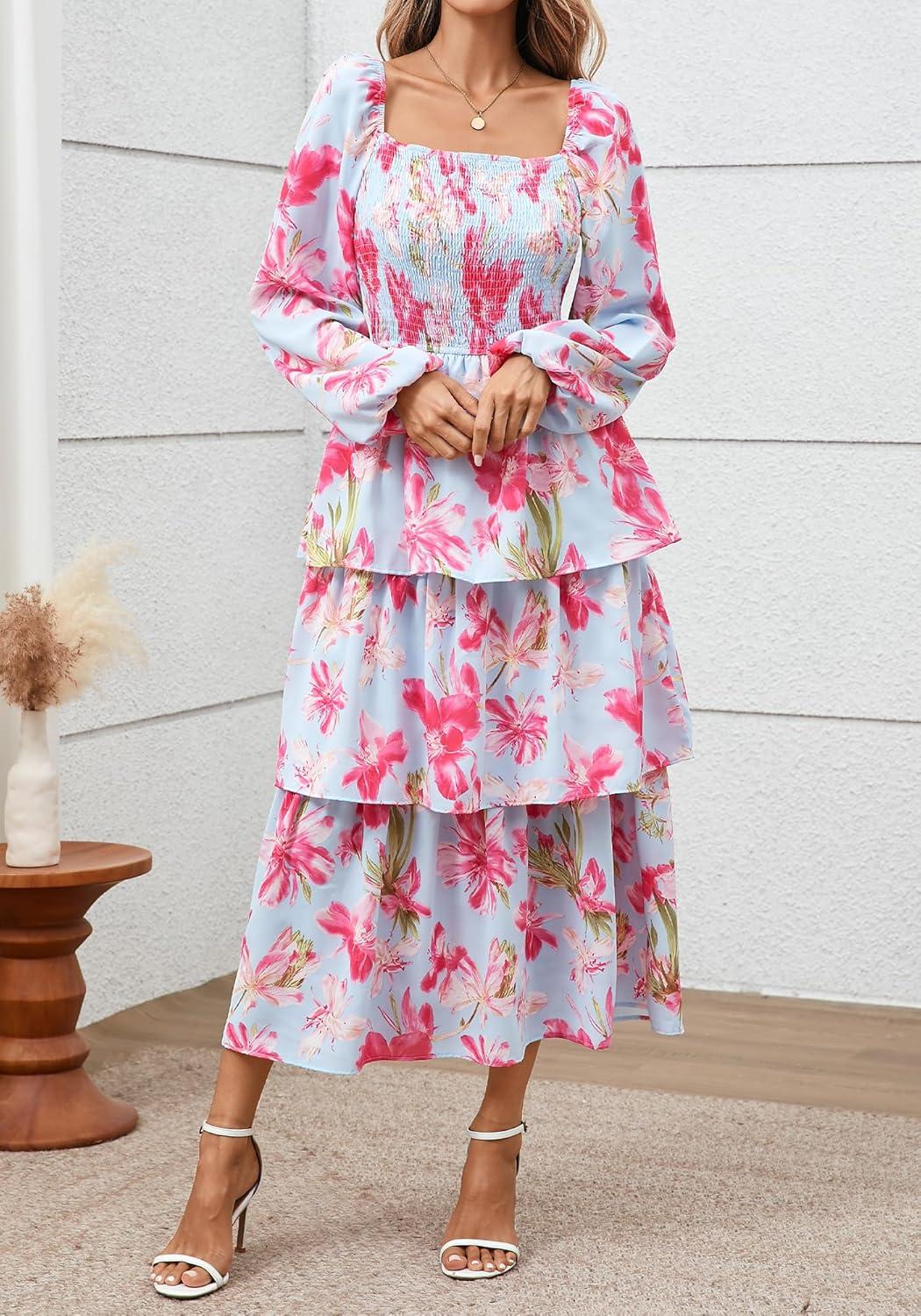 imageBTFBM Women Floral Maxi Dress Fall Fashion 2025 Boho Long Sleeve Square Neck Smocked Tiered Ruffle Flowy Wedding DressesFloral Light Blue Pink