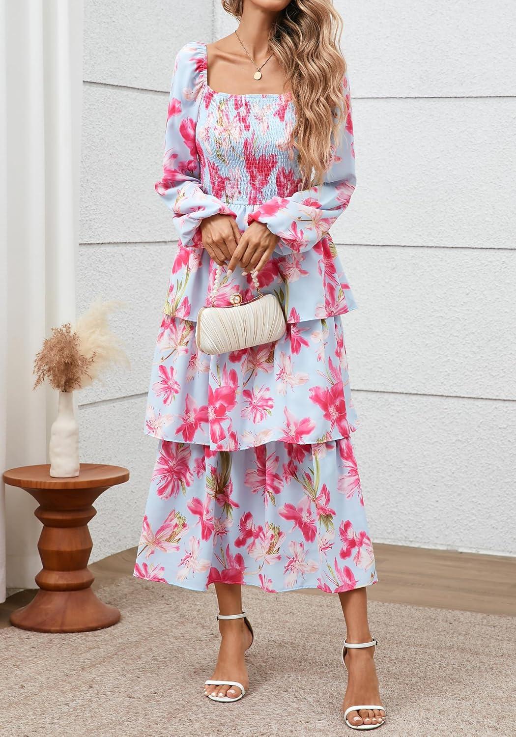 imageBTFBM Women Floral Maxi Dress Fall Fashion 2025 Boho Long Sleeve Square Neck Smocked Tiered Ruffle Flowy Wedding DressesFloral Light Blue Pink