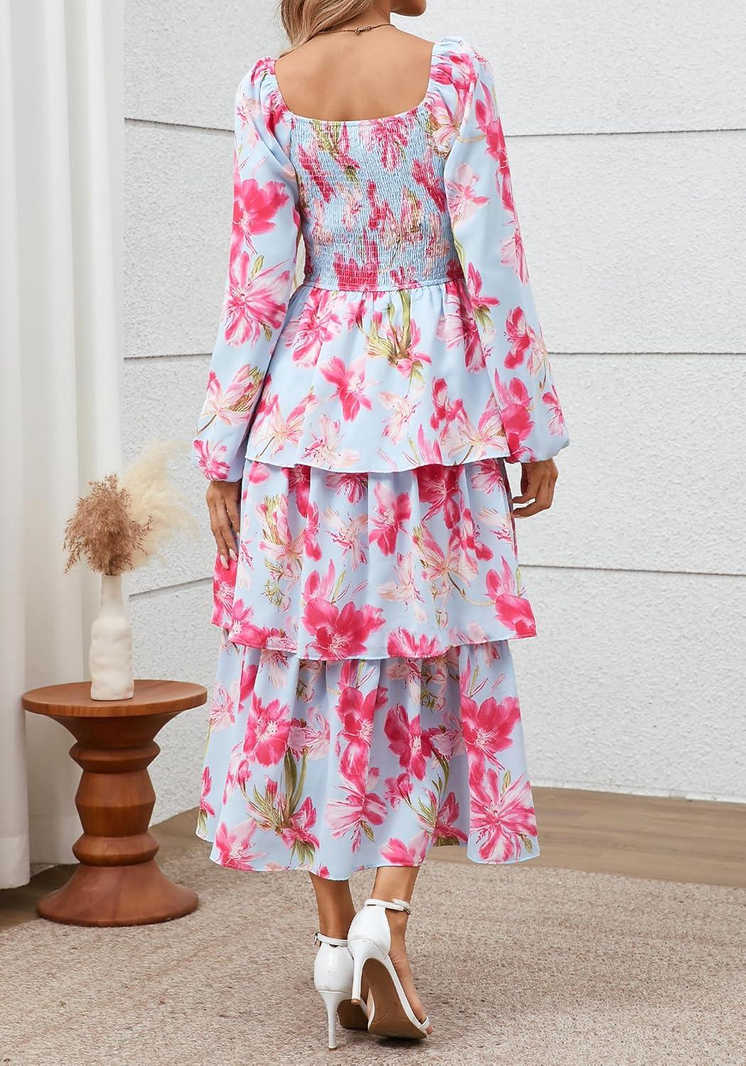 imageBTFBM Women Floral Maxi Dress Fall Fashion 2025 Boho Long Sleeve Square Neck Smocked Tiered Ruffle Flowy Wedding DressesFloral Light Blue Pink
