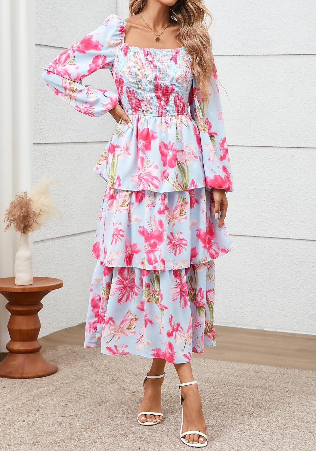 imageBTFBM Women Floral Maxi Dress Fall Fashion 2025 Boho Long Sleeve Square Neck Smocked Tiered Ruffle Flowy Wedding DressesFloral Light Blue Pink
