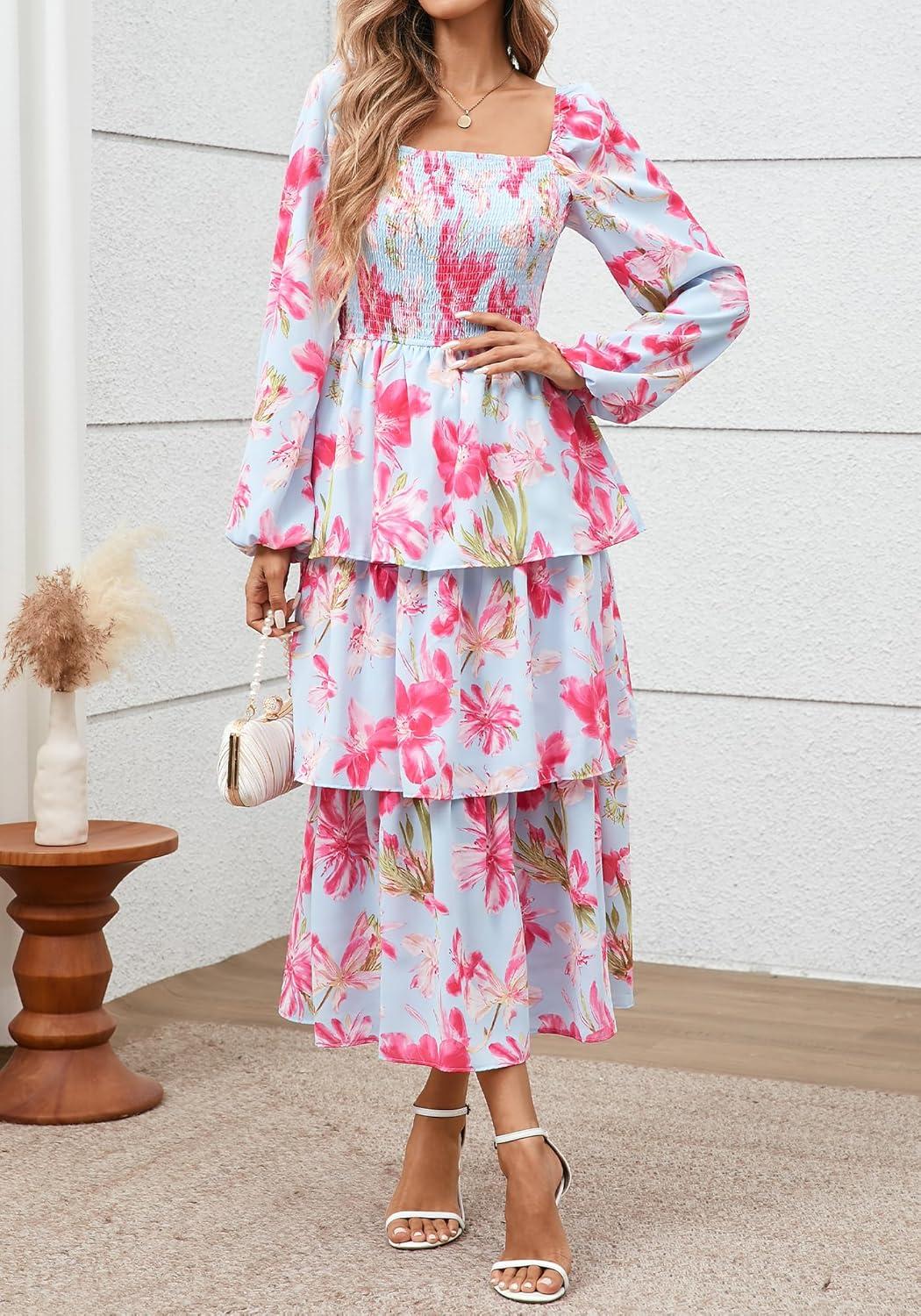 imageBTFBM Women Floral Maxi Dress Fall Fashion 2025 Boho Long Sleeve Square Neck Smocked Tiered Ruffle Flowy Wedding DressesFloral Light Blue Pink