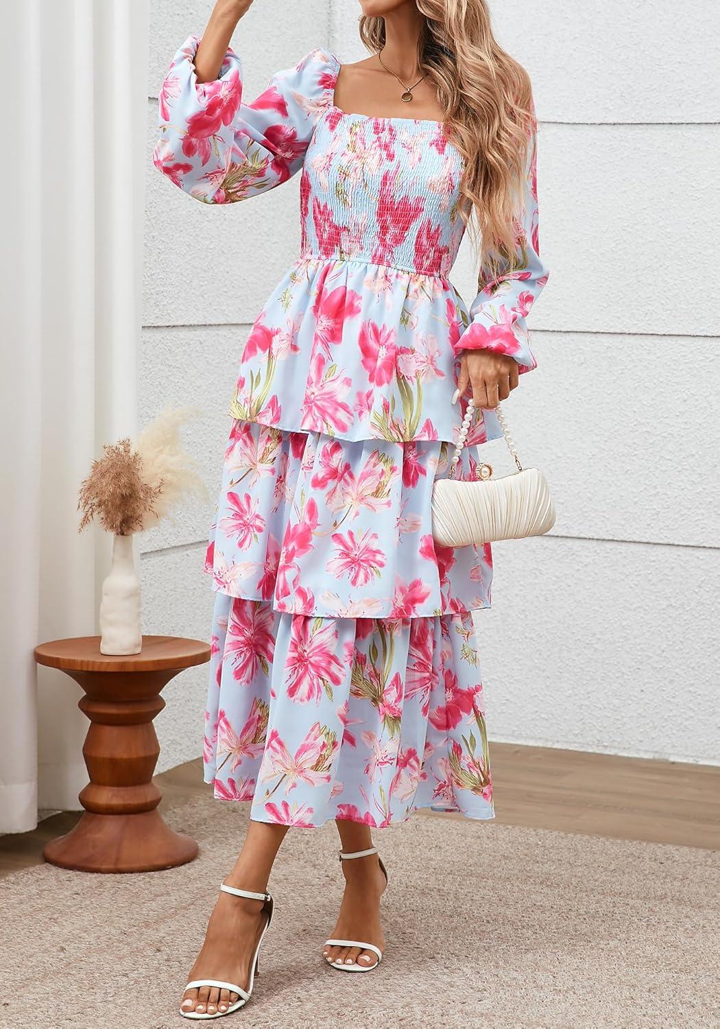 imageBTFBM Women Floral Maxi Dress Fall Fashion 2025 Boho Long Sleeve Square Neck Smocked Tiered Ruffle Flowy Wedding DressesFloral Light Blue Pink