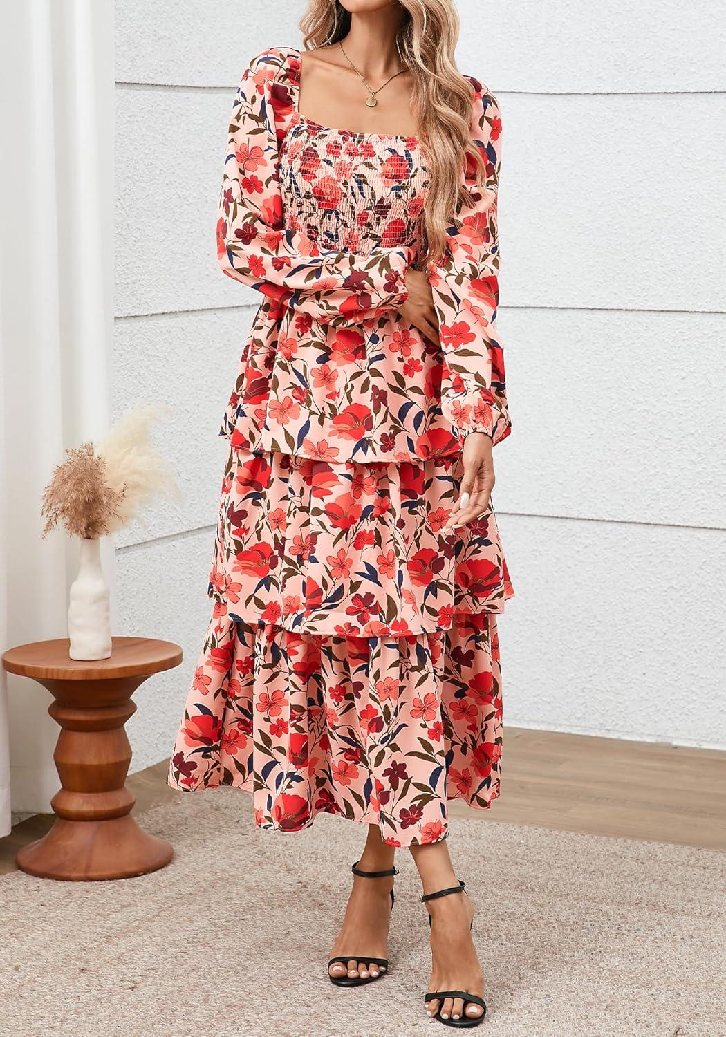 imageBTFBM Women Floral Maxi Dress Fall Fashion 2025 Boho Long Sleeve Square Neck Smocked Tiered Ruffle Flowy Wedding DressesFloral Orange Pink Red