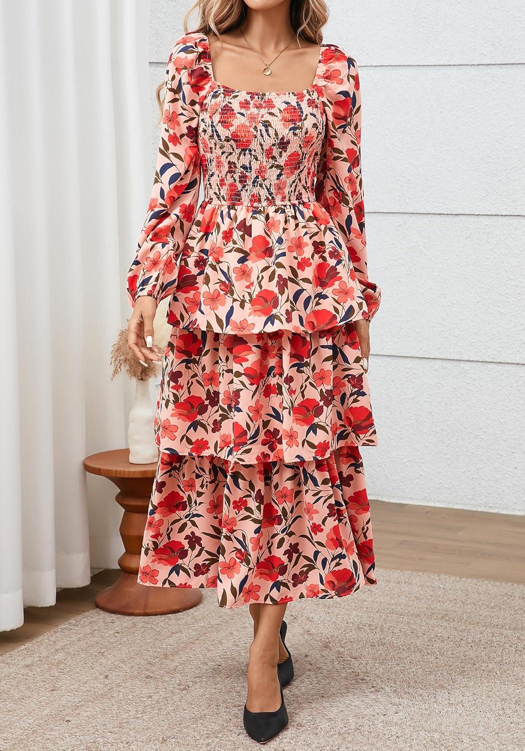 imageBTFBM Women Floral Maxi Dress Fall Fashion 2025 Boho Long Sleeve Square Neck Smocked Tiered Ruffle Flowy Wedding DressesFloral Orange Pink Red